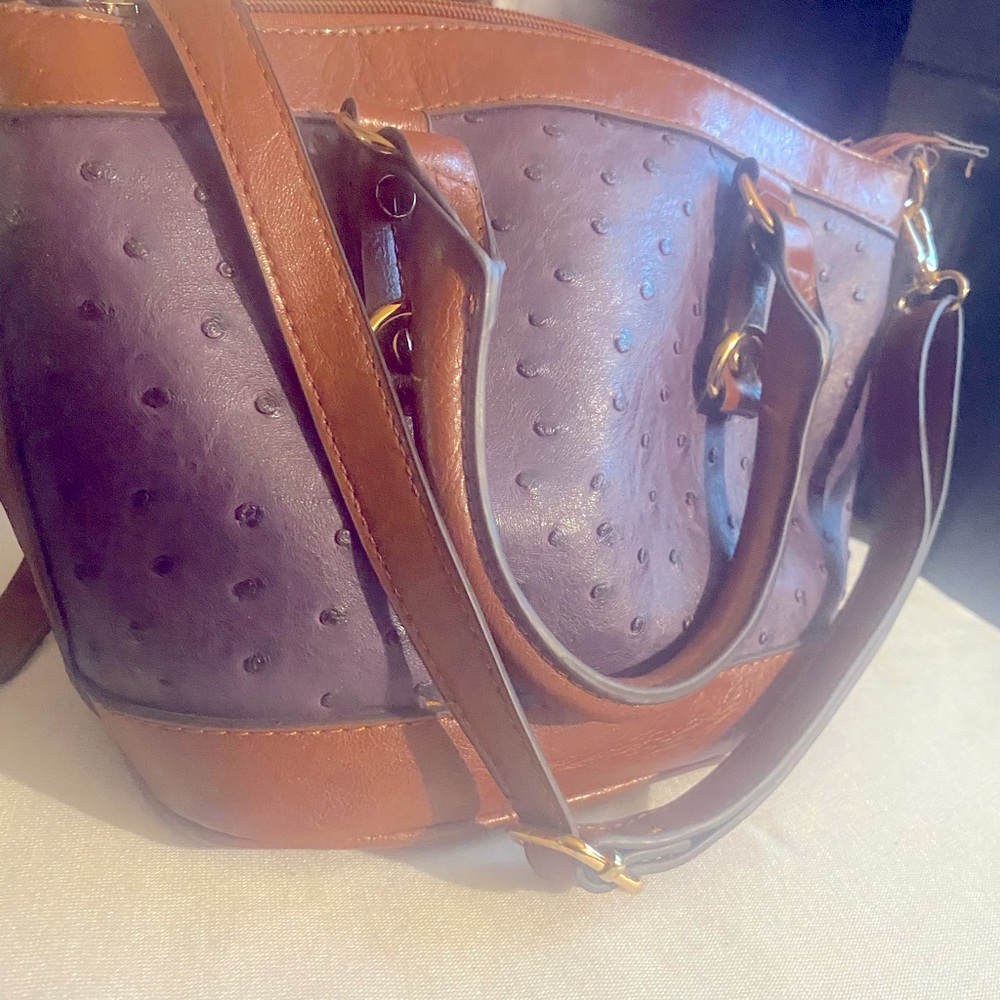 Cross body bag purple and brown/neutral color with ostrich like leather material